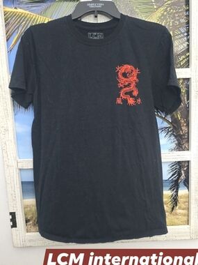 Black Short-Sleeve Tee with Red Dragon Print